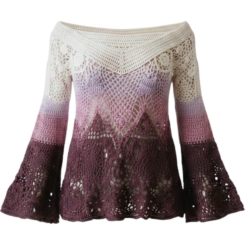 Y2K Refuge Womens Crochet Knit Ombre Top Purple Cream Boho Vintage V-Neck Medium